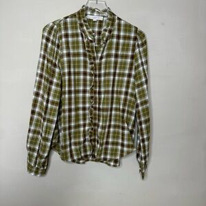 LOFT blouse top button ruffle green plaid linen plaid long sleeve size small